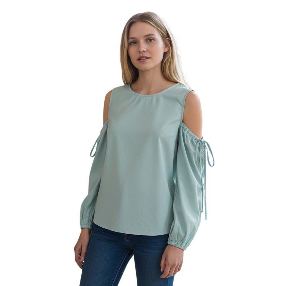 Vince Camuto Women Light Blue Cold Shoulder Tie Sleeve Cotton Blouse 91624199 L